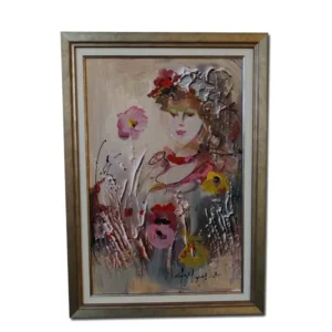 Πίνακας ζωγραφικής γυναικείο πορτρέτο σε καμβά 52x35, έργο της Φωφώς Μουρατίδου, με φλοράλ ανάγλυφα στοιχεία και χρυσό πλαίσιο