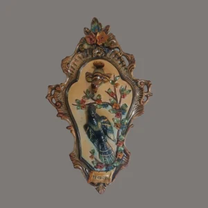 Capodimonte διακοσμητικό τοίχου Primavera με χειροποίητα πολύχρωμα λουλούδια και πουλί σε μπαρόκ πλαίσιο, made in Italy 55x33cm